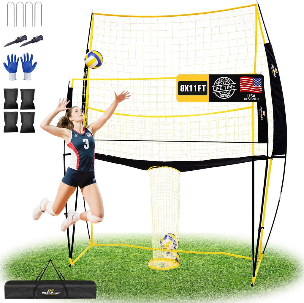 gear volleyball PodiuMax Volleyball Training Equipment, 11x8FT Adjustable 6.5–8 ft, Volleyball Practice Net for Serve & Spike, 2-in-1 Train & Play, Fast Setup, Stable