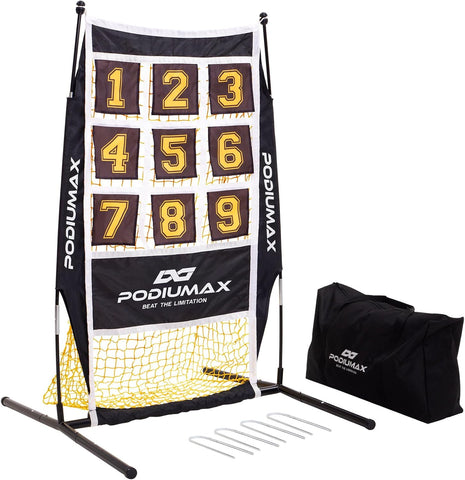 PodiuMax Baseball & Softball Pitching Net, 9 Hole Target Net with Strike Zone, Large Ball Collection System, Solo Practice for Backyard Park Field, Portable Baseball Throwing Trainer with Carry Bag