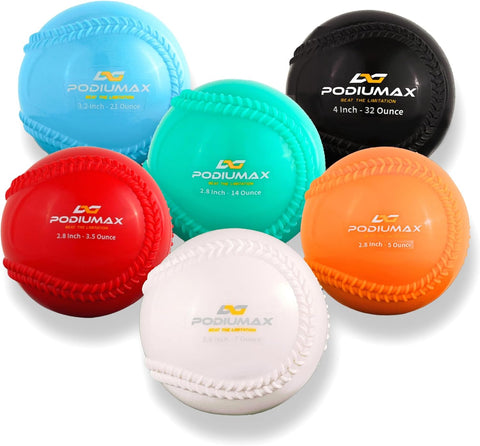 PodiuMax Plyometric Weighted Baseballs 6 Pack, 32, 21, 14, 7, 5, and 3.5oz Plyo Balls, Weighted Baseballs for Hitting & Pitching, Softball & Baseball Training