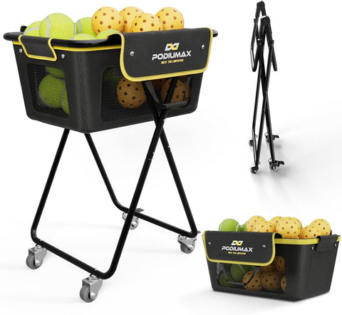 PodiuMax Pickleball Tennis Ball Hopper, Holds 180 Tennis-Balls or 150 Pickle Balls, Foldable Pickleball Caddy for Men Women Teen, Waterproof Tennis Ball Basket for Learners & Coaches