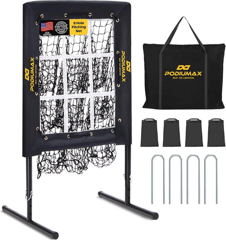 PodiuMax Baseball Pitching Net, 9 Hole Pitching Net with Strike Zone, 5 Adjustable Heights Baseball Throwing Net for All Ages, Heavey Duty Solo Trainer with Carry Bag for Backyard Practice
