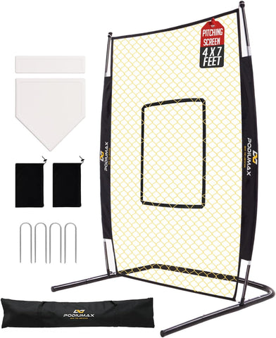 PodiuMax 7x4FT Baseball Pitching I Screen - Adjustable Strike Zone, Softball Net with Upgrade U-shaped Base, Baseball I Screen for Fields Batting Cages, Protective Net with Home Plate & Pitchers Plate