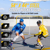 PodiuMax 54"x44" Youth Steel Street Hockey Goal, Indoor Outdoor Hockey Net for All Players, Portable Training Equipment, Youth Roller Hockey Goals with 2 Targets for Backyard Park Garage