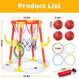 Pool Basketball Hoop, 2-in-1 Pool Basketball Game & Ring Toss Set with 4 Balls, 12 Rings & Pump, Floating Pool Toys for Kids Ages 4 5 6 7 8 9 10 11 12, Pool Games for Backyard & Pool Party