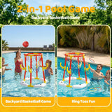 Pool Basketball Hoop, 2-in-1 Pool Basketball Game & Ring Toss Set with 4 Balls, 12 Rings & Pump, Floating Pool Toys for Kids Ages 4 5 6 7 8 9 10 11 12, Pool Games for Backyard & Pool Party