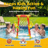 Pool Basketball Hoop, 2-in-1 Pool Basketball Game & Ring Toss Set with 4 Balls, 12 Rings & Pump, Floating Pool Toys for Kids Ages 4 5 6 7 8 9 10 11 12, Pool Games for Backyard & Pool Party