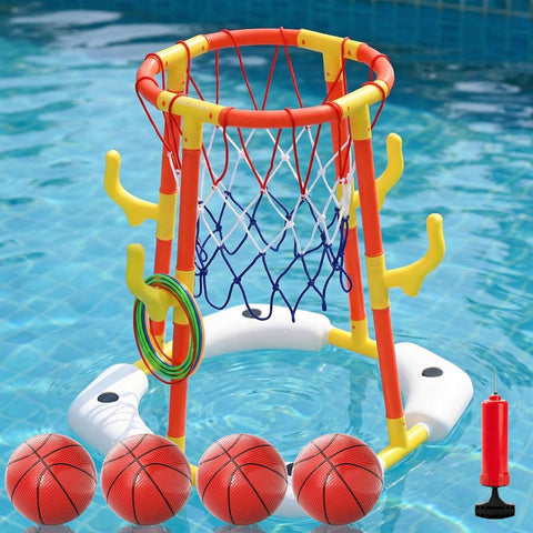 Pool Basketball Hoop, 2-in-1 Pool Basketball Game & Ring Toss Set with 4 Balls, 12 Rings & Pump, Floating Pool Toys for Kids Ages 4 5 6 7 8 9 10 11 12, Pool Games for Backyard & Pool Party