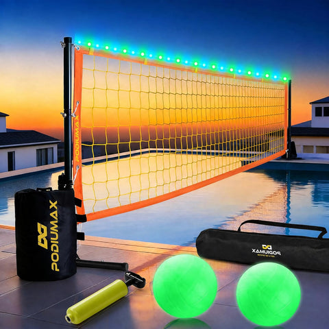 Pool Volleyball Net, 15-30FT Adjustable Net for Inground Pools with LED Lights & Heavy-Duty Base, with Water Volleyball for Pool, Pump & Carry Bag, Outdoor Pool Games for Family & Adults